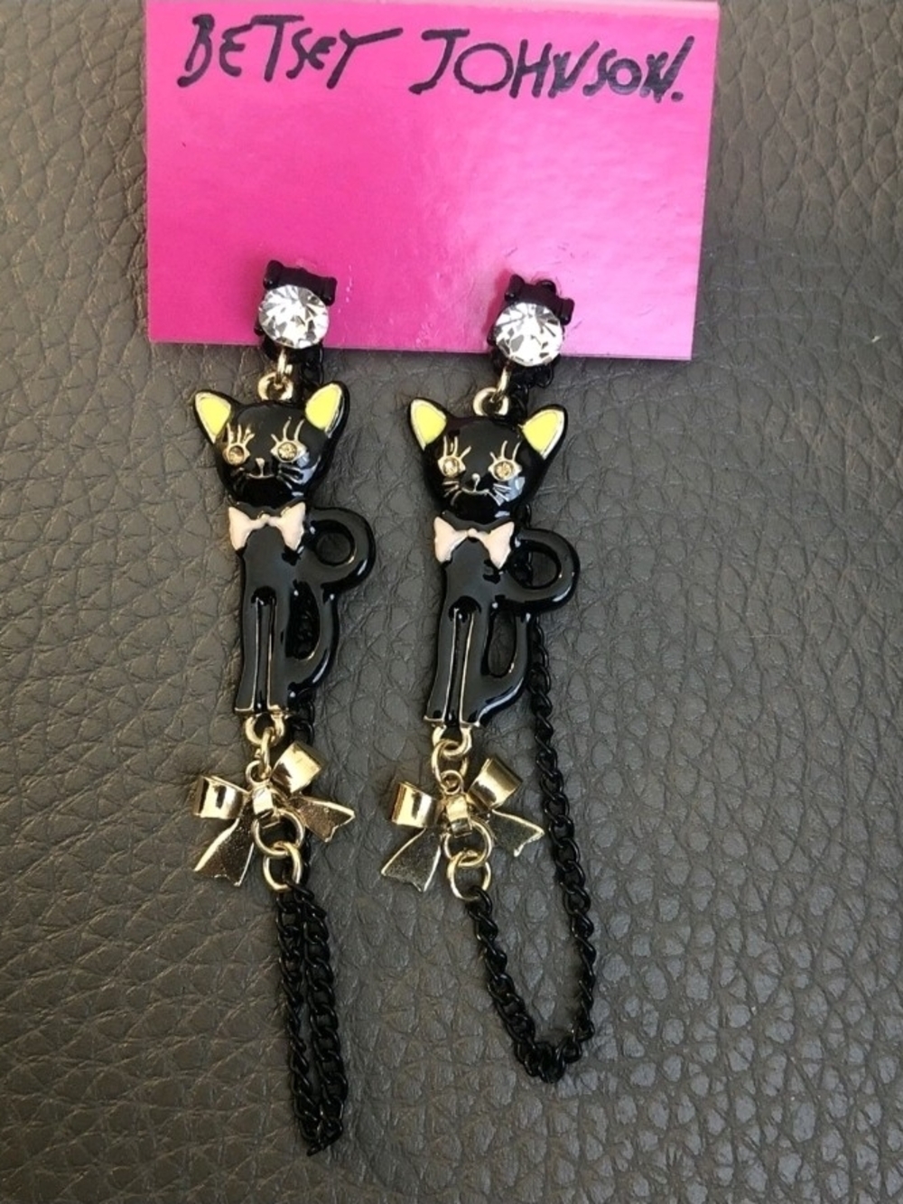 Betsey Johnson Black Cat Dangle Earrings with Gold Bows